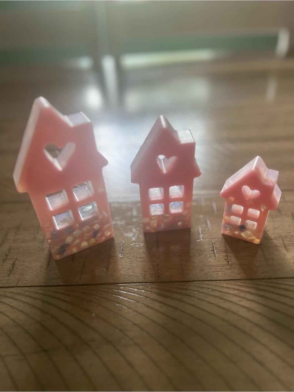 Set of 3 Pink Handmade Resin Iridescent House Decor Figures